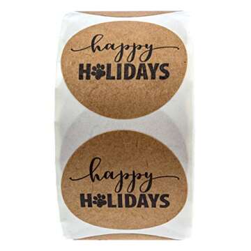 Paw Print Happy Holidays Brown Kraft Stickers - 500 Winter Holiday Labels for Dog Lovers