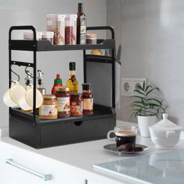 Coffee Bar Accessories and Organizer, 2-Tier Coffee Station Organizer, Wood Kitchen Countertop Organizer with Bag and Hooks, Coffee Pod Holder for Coffee Bar Decor, Coffee Syrup Snack Organizer(Black)