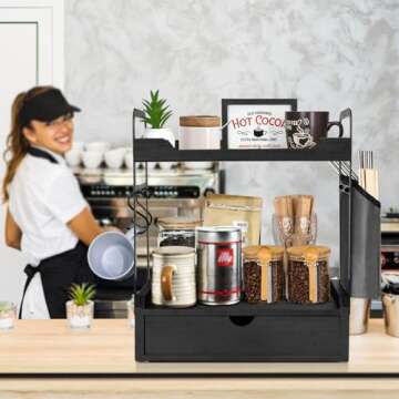 Coffee Bar Accessories and Organizer, 2-Tier Coffee Station Organizer, Wood Kitchen Countertop Organizer with Bag and Hooks, Coffee Pod Holder for Coffee Bar Decor, Coffee Syrup Snack Organizer(Black)