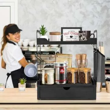 Coffee Bar Accessories and Organizer, 2-Tier Coffee Station Organizer, Wood Kitchen Countertop Organizer with Bag and Hooks, Coffee Pod Holder for Coffee Bar Decor, Coffee Syrup Snack Organizer(Black)