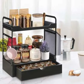 Coffee Bar Accessories and Organizer, 2-Tier Coffee Station Organizer, Wood Kitchen Countertop Organizer with Bag and Hooks, Coffee Pod Holder for Coffee Bar Decor, Coffee Syrup Snack Organizer(Black)
