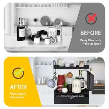Coffee Bar Accessories and Organizer, 2-Tier Coffee Station Organizer, Wood Kitchen Countertop Organizer with Bag and Hooks, Coffee Pod Holder for Coffee Bar Decor, Coffee Syrup Snack Organizer(Black)