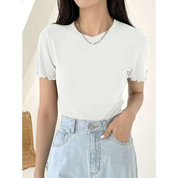 Verdusa Women's Casual Short Sleeve Crewneck Lettuce Trim Ribbed Knit T-Shirt Basic Tee Top Solid White S