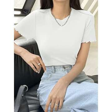 Verdusa Women's Casual Short Sleeve Crewneck Lettuce Trim Ribbed Knit T-Shirt Basic Tee Top Solid White S