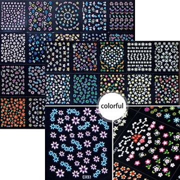 4500 Pieces Flowers Nail Stickers Kit 90 Sheets 3D Mini Nail Art Stickers Black White Colorful Various Patterns Flower Decals Self-Adhesive False Sticker for Women DIY Decor Birthday Party Favors Gift