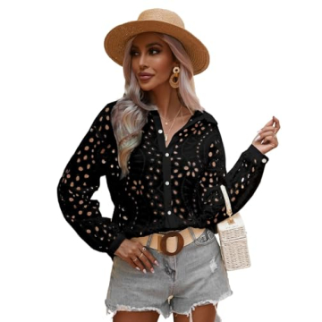 Verdusa Women's Long Sleeve Collar Floral Eyelet Embroidery Button Front Semi Sheer Blouse Black L