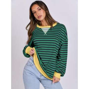 ANRABESS Women Striped Oversized Sweatshirt Long Sleeve Crewneck Shirts 2025 Fall Fashion Pullover Sweater Trendy Clothes Blue Green Medium