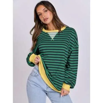 ANRABESS Women Striped Oversized Sweatshirt Long Sleeve Crewneck Shirts 2025 Fall Fashion Pullover Sweater Trendy Clothes Blue Green Medium