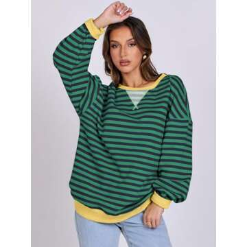 ANRABESS Women Striped Oversized Sweatshirt Long Sleeve Crewneck Shirts 2025 Fall Fashion Pullover Sweater Trendy Clothes Blue Green Medium