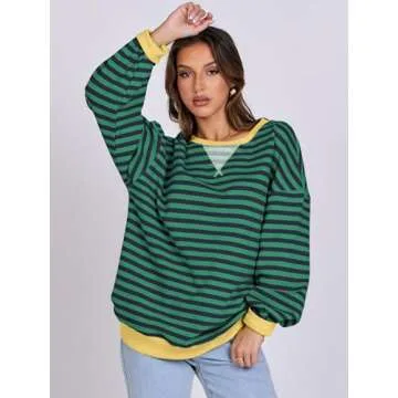 ANRABESS Women Striped Oversized Sweatshirt Long Sleeve Crewneck Shirts 2025 Fall Fashion Pullover Sweater Trendy Clothes Blue Green Medium