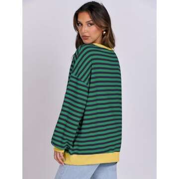 ANRABESS Women Striped Oversized Sweatshirt Long Sleeve Crewneck Shirts 2025 Fall Fashion Pullover Sweater Trendy Clothes Blue Green Medium