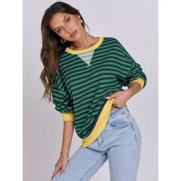 ANRABESS Women Striped Oversized Sweatshirt Long Sleeve Crewneck Shirts 2025 Fall Fashion Pullover Sweater Trendy Clothes Blue Green Medium