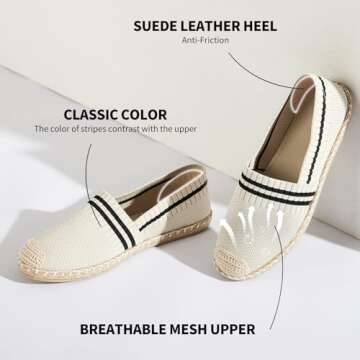 BABUDOG Women's Espadrilles Soft White Flats Shoes for Comfort