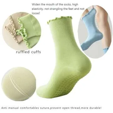ANIDL 4 Pairs Ruffle Yoga Socks for Women,Cute Frilly Non-Slip Grips Socks for Pilates,Fitness,Hospital,Pregnant (Cotton, Color-04-4pairs White)