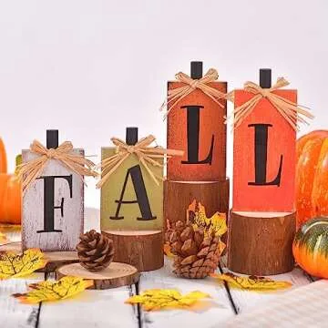 Ovootok Fall Decorations for Home, 4 Pcs Rustic Farmhouse Home Decor Signs, FALL Centerpieces for Tables, Autumn Decor Sign Block Set for Thanksgiving Party Harvest Kitchen Tiered Tray Mantel (4