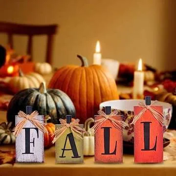 Ovootok Fall Decorations for Home, 4 Pcs Rustic Farmhouse Home Decor Signs, FALL Centerpieces for Tables, Autumn Decor Sign Block Set for Thanksgiving Party Harvest Kitchen Tiered Tray Mantel (4