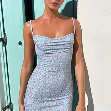 UODSVP Sundresses for Women 2022, Spring Dresses 2022 Petite Maxi Dresses with Sleeves Fashion Women's Sexy Slim Fit Open Back Sling Pullover Floral Mid Waist Dress Casual para Mujer (M, Blue)