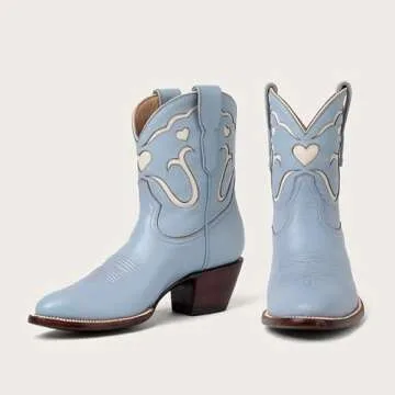 KaroNairy Blue Cowboy Booties for Women Stitch White Heart Inlay Round Slip-On Western Cowgirl Ankle Cowboy Work Boots 8.5
