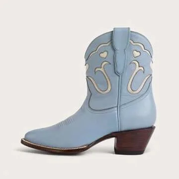 KaroNairy Blue Cowboy Booties for Women Stitch White Heart Inlay Round Slip-On Western Cowgirl Ankle Cowboy Work Boots 8.5