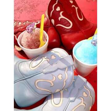 KaroNairy Blue Cowboy Booties for Women Stitch White Heart Inlay Round Slip-On Western Cowgirl Ankle Cowboy Work Boots 8.5