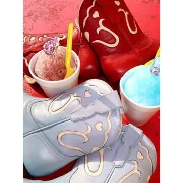 KaroNairy Blue Cowboy Booties for Women Stitch White Heart Inlay Round Slip-On Western Cowgirl Ankle Cowboy Work Boots 8.5