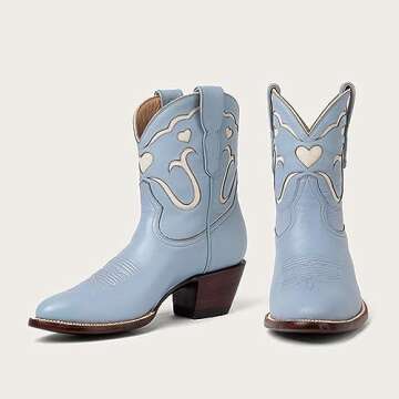 KaroNairy Blue Cowboy Booties for Women Stitch White Heart Inlay Round Slip-On Western Cowgirl Ankle Cowboy Work Boots 8.5