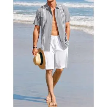 Mens Short Sleeve Guayabera Shirts Linen Cotton Button Down Mexican Embroidered Cuban Wedding Shirt Summer Tops