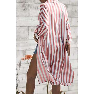 Sidefeel Women Striped Roll-up Sleeve Cardigan Outerwear Medium Red