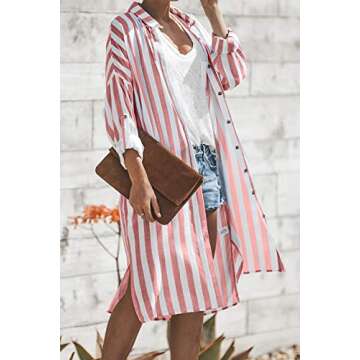 Sidefeel Women Striped Roll-up Sleeve Cardigan Outerwear Medium Red