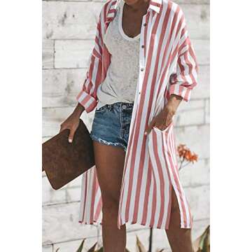 Sidefeel Women Striped Roll-up Sleeve Cardigan Outerwear Medium Red