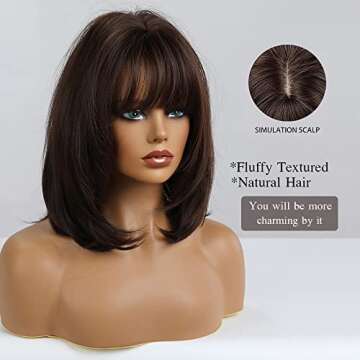 OUFEI 14 Inches Short Dark Brown Bob Wigs Straight with Bangs Slightly Curved Hair Ends Synthetic Ha...