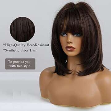 OUFEI 14 Inches Short Dark Brown Bob Wigs Straight with Bangs Slightly Curved Hair Ends Synthetic Hair Cosplay Daily Party Wig for Women Natural As Real Hair (Free Wig Cap)…