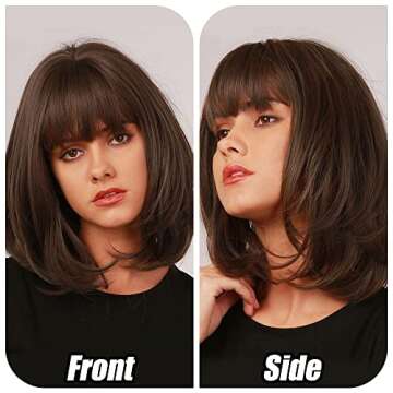 OUFEI 14 Inches Short Dark Brown Bob Wigs Straight with Bangs Slightly Curved Hair Ends Synthetic Hair Cosplay Daily Party Wig for Women Natural As Real Hair (Free Wig Cap)…