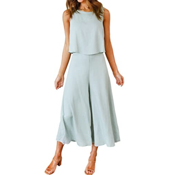 ROYLAMP Women's Summer 2 Piece Outfits Round Neck Crop Basic Top Cropped Wide Leg Pants Set Jumpsuit...