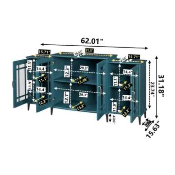 LKTART 62'' Modern Storage Cabinet Buffet Sideboard TV Console Table for Living Room with 4 Glass Do...