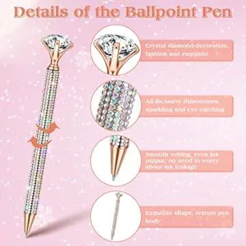 Jeyiour 6 Pcs Big Diamond Pens with Crystal Bling Rhinestone Metal Glitter Diamond Ballpoint Black Ink Pens Wedding Bridal Shower Favors for Birthday Gift Supplies(Rose Gold)
