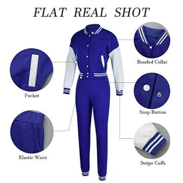Womens 2 Piece Outfit Varsity Baseball Jacket Uniform Set Sport Tracksuit Sweatsuits