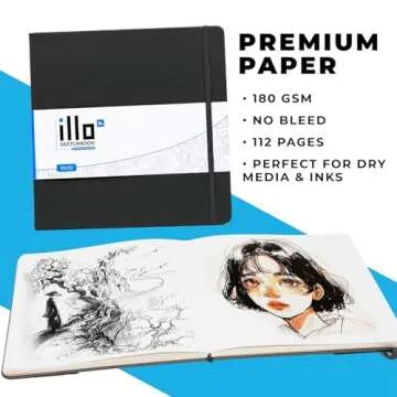 illo Sketchbook XL 10’’ x 10’’ Square Hardcover High-Quality Sketch Book, (112lb/180gsm) Heavyweight Paper, Ribbon Marker, Back Pocket, Lays Flat, Minimal Bleed, Vegan, for Artists & Beginners