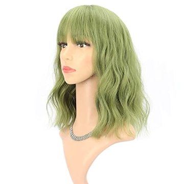 FAELBATY Green Wave Bob Wigs With Bangs Synthetic Cosplay Wig for Girl Shoulder Length Wig for women...