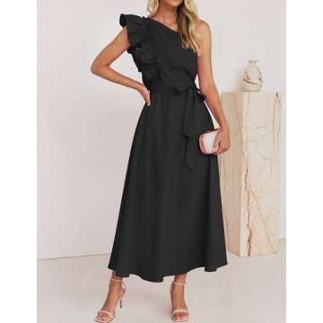ZESICA Women's 2025 Summer One Shoulder Ruffle Dress Sleeveless Empire Waist Boho Flowy Maxi Dresses,Black,X-Large