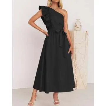 ZESICA Women's 2025 Summer One Shoulder Ruffle Dress Sleeveless Empire Waist Boho Flowy Maxi Dresses,Black,X-Large