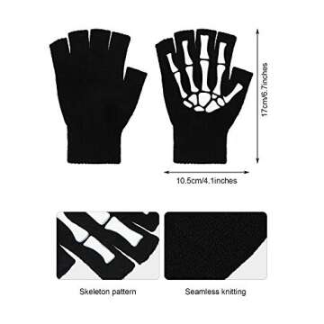 SATINIOR 2 Pairs Halloween Skeleton Gloves Winter Half Finger Gloves skeleton fingerless gloves Knit Gloves Bone Skull Gloves Mittens for Woman Man Winter Gloves