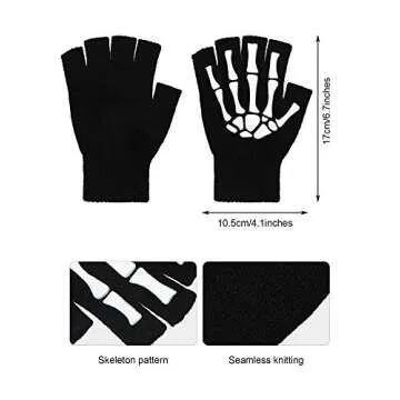 SATINIOR 2 Pairs Halloween Skeleton Gloves Winter Half Finger Gloves skeleton fingerless gloves Knit Gloves Bone Skull Gloves Mittens for Woman Man Winter Gloves