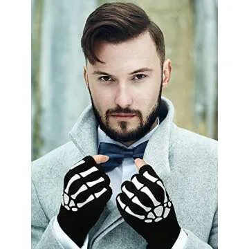 SATINIOR 2 Pairs Halloween Skeleton Gloves Winter Half Finger Gloves skeleton fingerless gloves Knit Gloves Bone Skull Gloves Mittens for Woman Man Winter Gloves