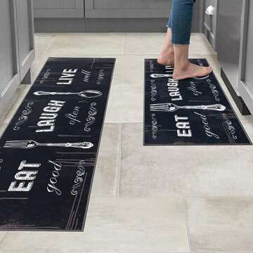 Carvapet 2 Piece Kitchen Rug Set Non-Slip Backing Mat Throw Rug for Kitchen Doormat Runner Rug Set, Motto Design