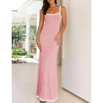 ZESICA Women's 2025 Summer Spaghetti Straps Maxi Dress Sleeveless Square Neck Lightweight Long Beach Dresses,Pink,Small