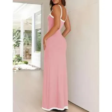 ZESICA Women's 2025 Summer Spaghetti Straps Maxi Dress Sleeveless Square Neck Lightweight Long Beach Dresses,Pink,Small