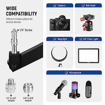 NEEWER Desktop Camera Stand, Overhead Phone Webcam Mount Stand with 4 Flexible Articulating Arms, 3/8" 1/4" 5/8" Screws for Microphone LED Light Video Recording Live Streaming Podcasting Gaming, ST004