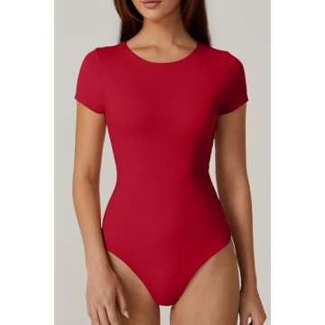 QINSEN Short Sleeve Body Suit for Women Round Neck Summer Going Out Bodysuit Tops Fiery Red S