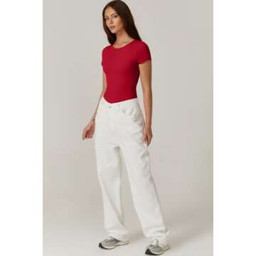 QINSEN Short Sleeve Body Suit for Women Round Neck Summer Going Out Bodysuit Tops Fiery Red S